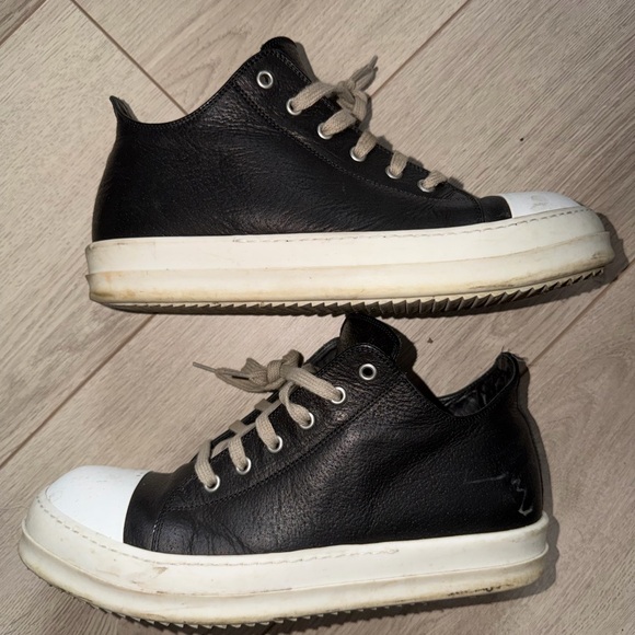 Sz42 (9) Rick Owens Black Leather Sneakers with White Toe Caps and Cream Laces - Picture 11 of 12